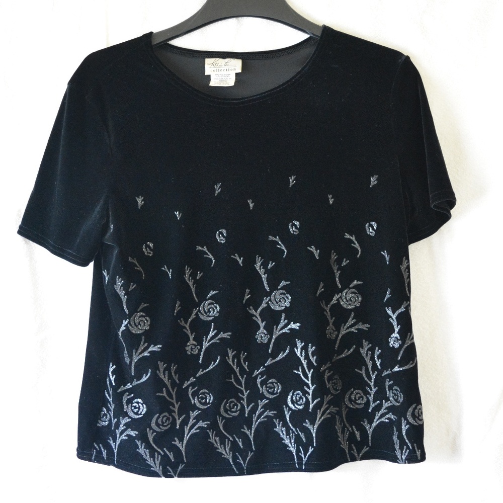 Kathie Lee Collection Velvet Top w/ Glitter Flower